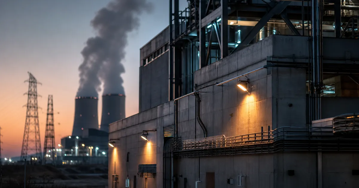 Modern industrianläggning i skymningsljus med ångmoln från kylsystem