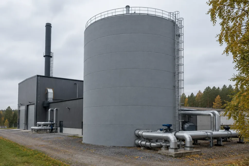 Stor ackumulatortank för fjärrvärme vid ett värmeverk i Sverige