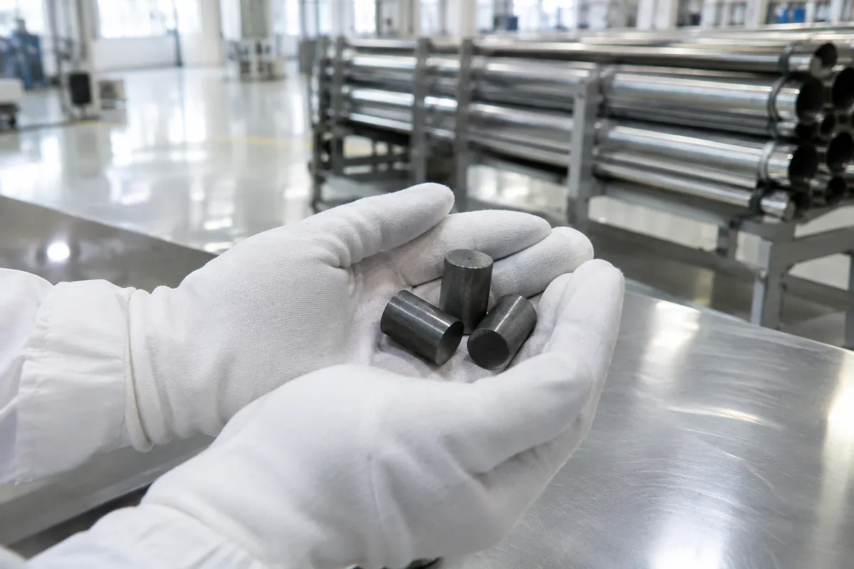Små cylinderformade kutsar av uranoxid i en hand med skyddshandske i en bränslefabrik