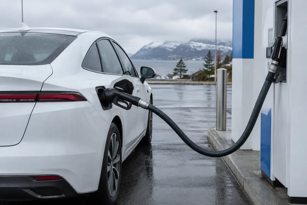 Bränslecellsbil som tankas vid en tankstation för vätgas