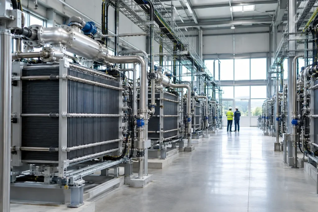 Elektrolysörer för vätgasproduktion i en modern industrihall