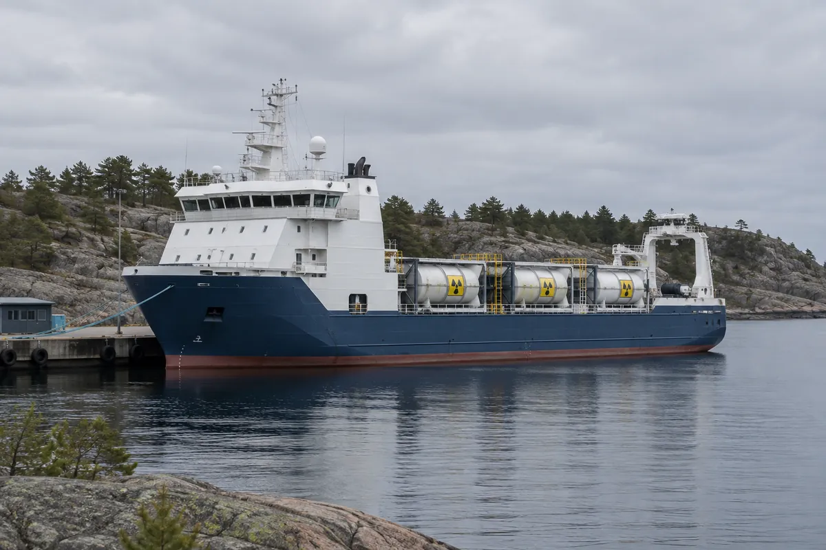 Fartyg för transport av använt kärnbränsle vid en kaj på ostkusten