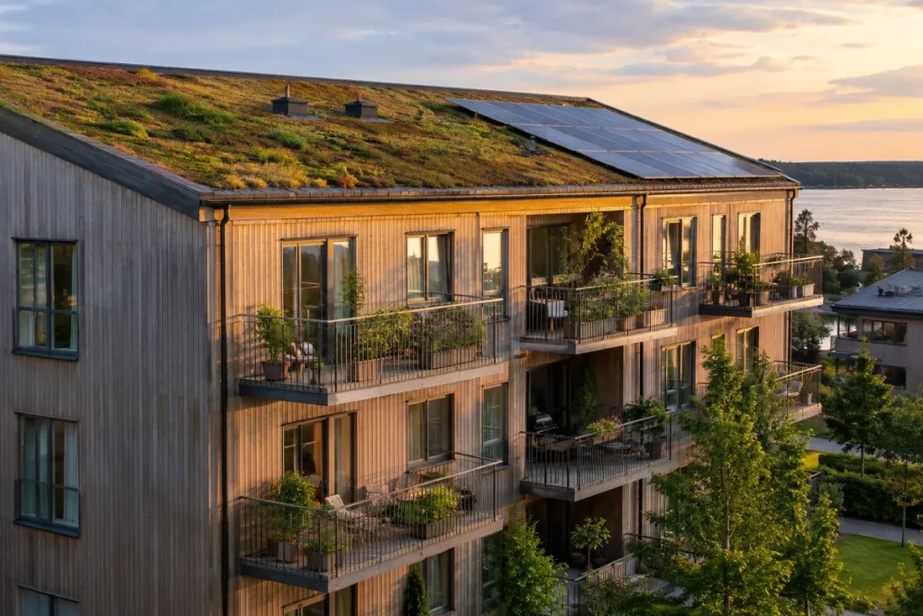 Flerbostadshus i trä med grönt tak och solceller