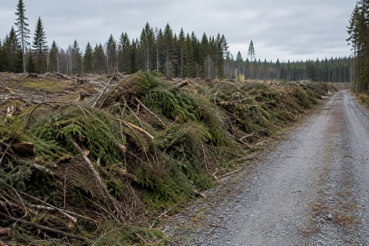 Högar med grenar och toppar från en avverkning vid en skogsbilväg i en svensk barrskog