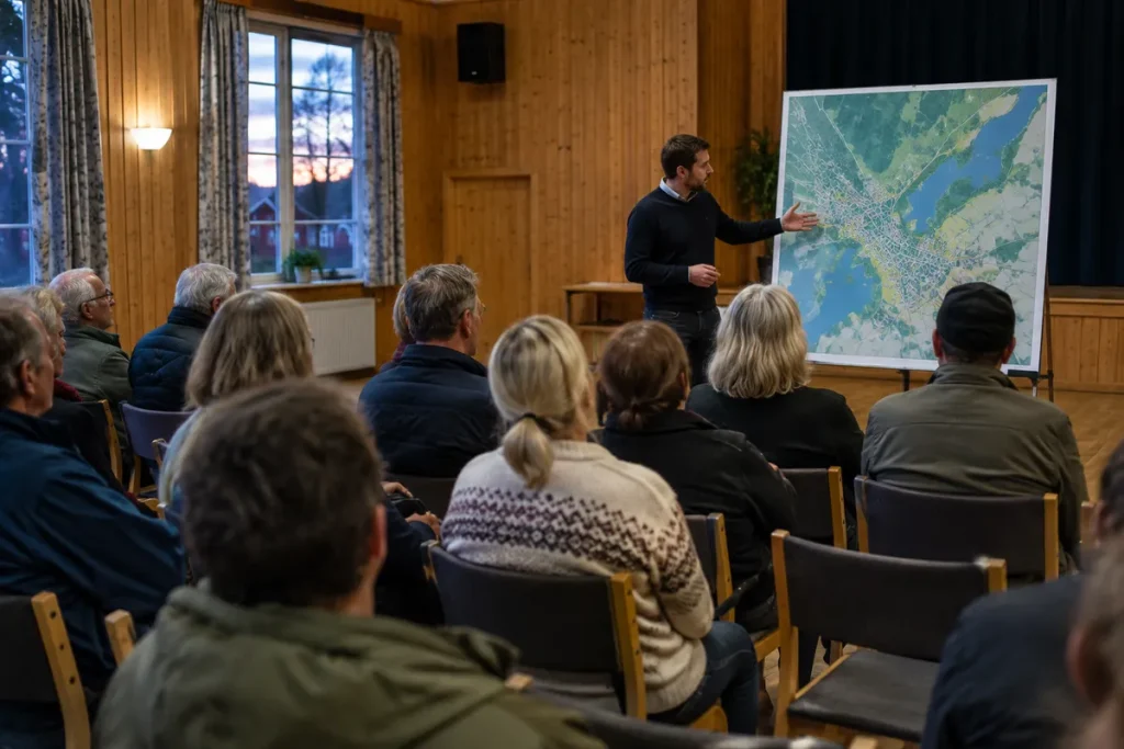 Invånare på ett informationsmöte i en bygdegård om ett planerat energiprojekt