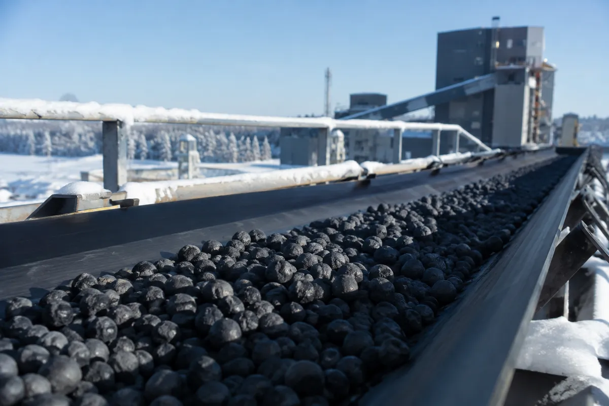 Järnmalmspellets på ett transportband i en industrimiljö i Norrbotten