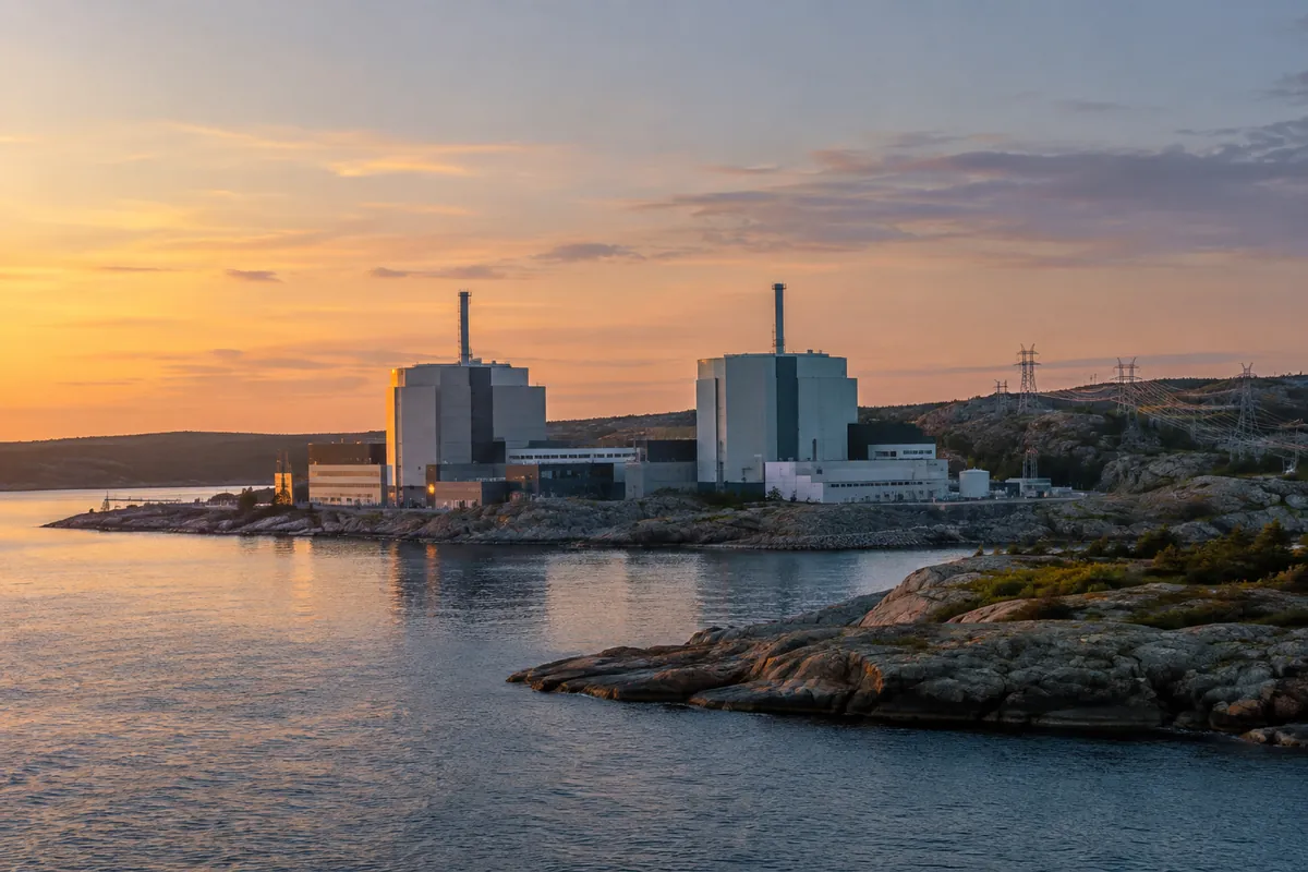 Kärnkraftverk vid havet med kraftledningar i kvällsljus