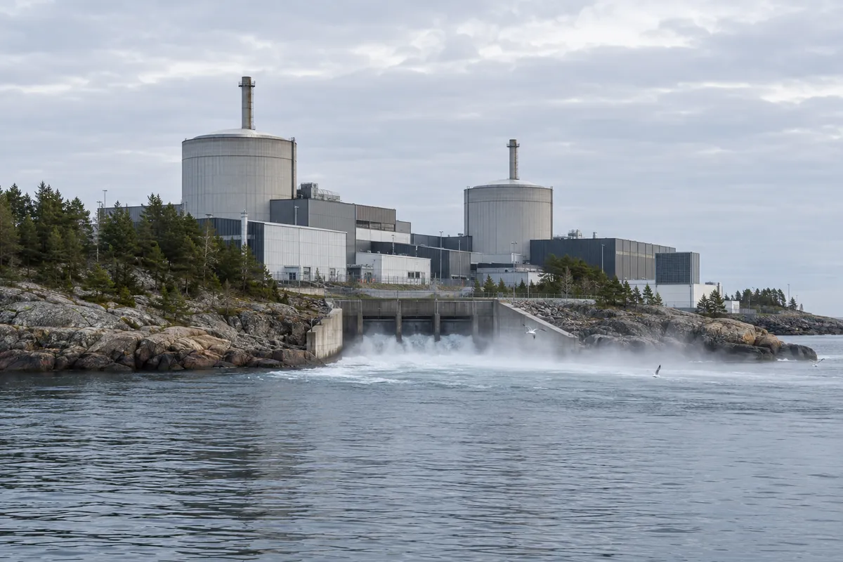 Kärnkraftverk vid en klippig kust där uppvärmt kylvatten strömmar ut i havet och bildar dimma