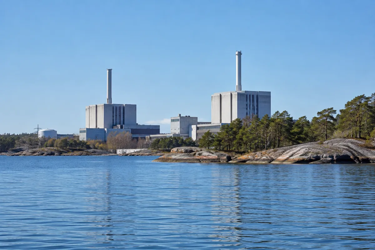 Kärnkraftverk vid Upplandskusten med reaktorbyggnader i betong bakom skär och tallar, sett från Östersjön