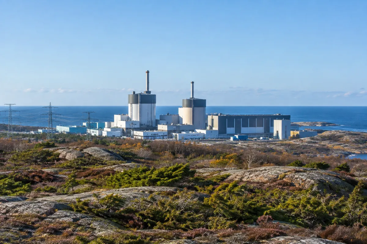 Kärnkraftverk vid den svenska västkusten med reaktorbyggnader bakom granithällar och ljung