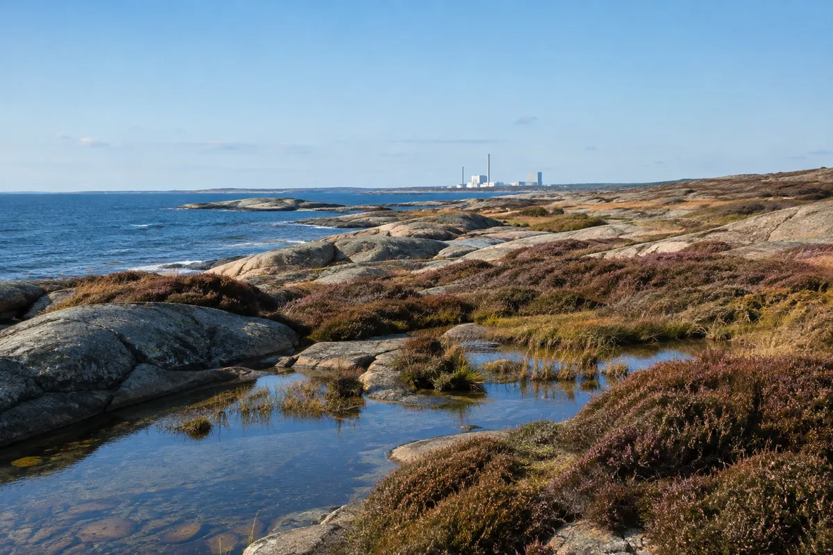 Klippig kust i Halland med ett kärnkraftverk långt bort i bakgrunden