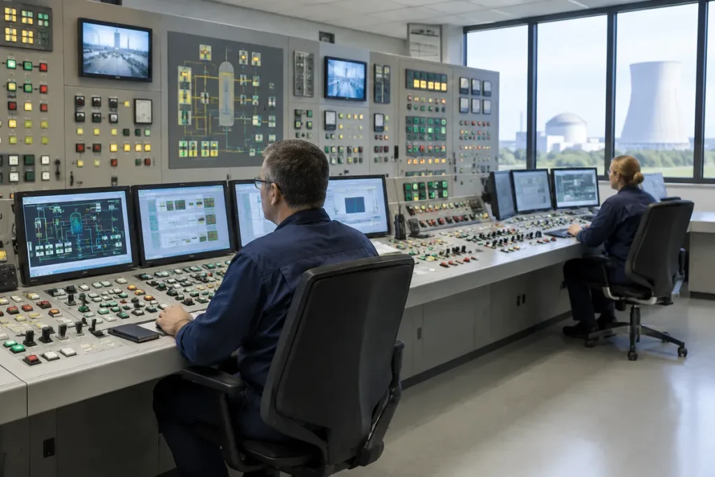 Kontrollrummet i ett kärnkraftverk där operatörer övervakar reaktorn