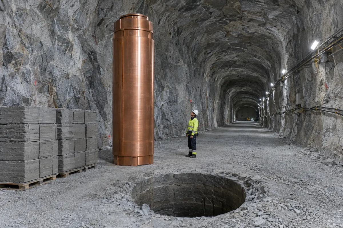 Kopparkapsel för använt kärnbränsle i en bergtunnel med borrat deponeringshål och block av bentonitlera