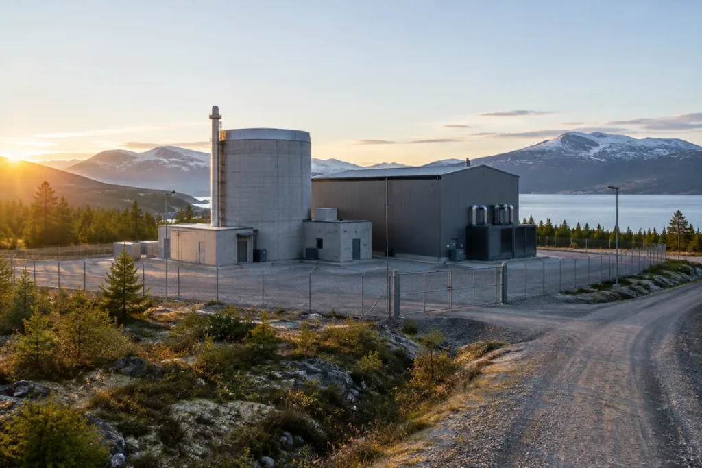 Litet modulärt kärnkraftverk med en reaktorbyggnad och turbinhall i ett lantligt landskap