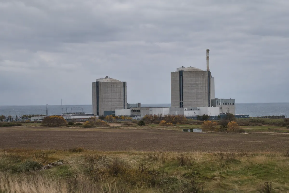 Nedlagt kärnkraftverk med två reaktorbyggnader vid en flack kust en mulen höstdag