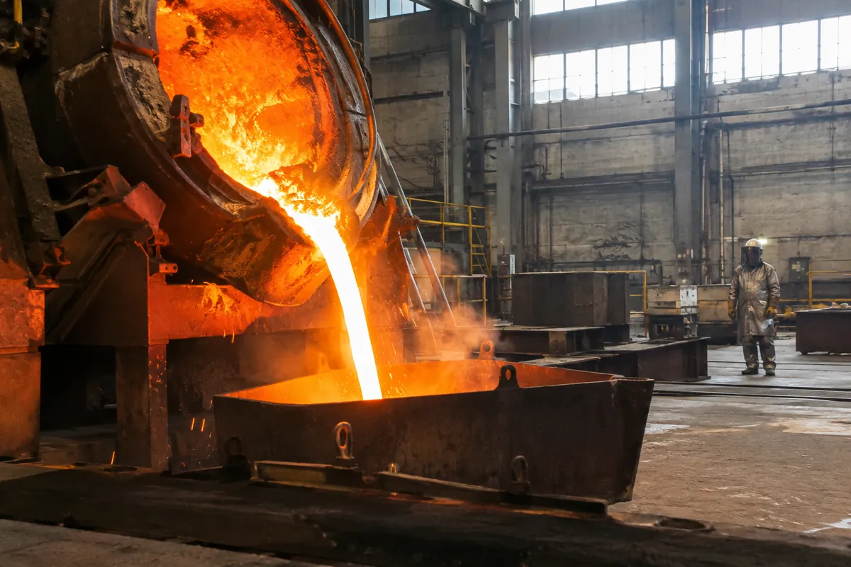 Smält metallskrot hälls från en smältugn i en industrihall