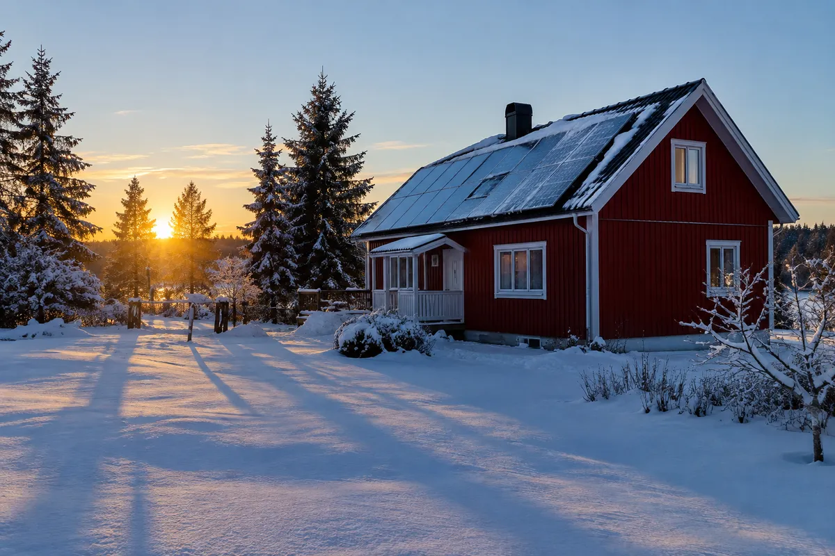 Snötäckta solpaneler på taket till en svensk villa en kall decembereftermiddag