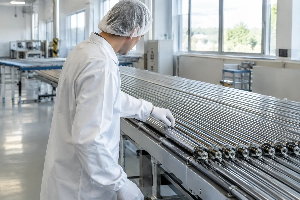 Tekniker granskar långa bränslestavar av metall i en ljus bränslefabrik