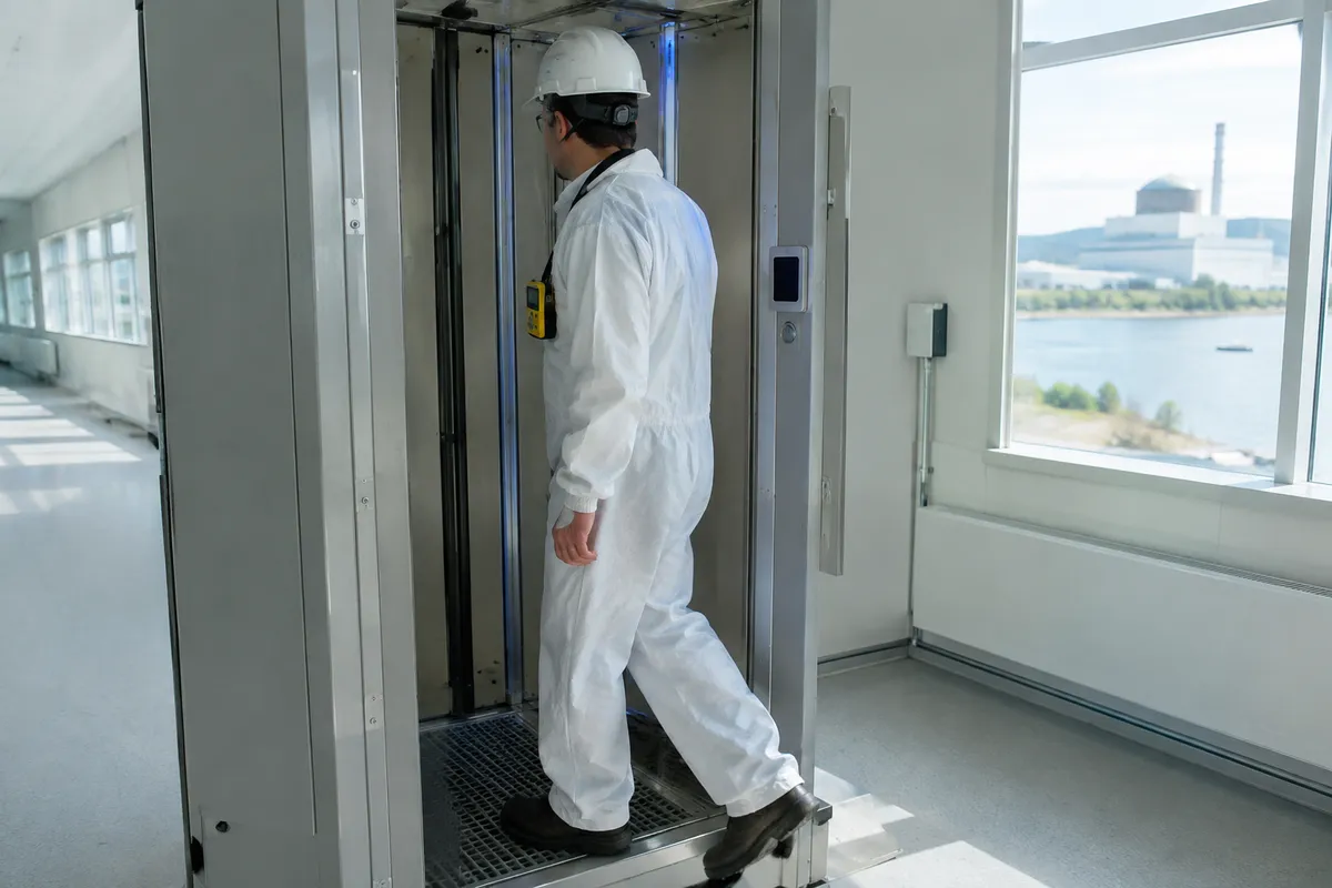 Tekniker i skyddskläder med dosimeter på bröstet vid en avsökningsmonitor i ett kärnkraftverk