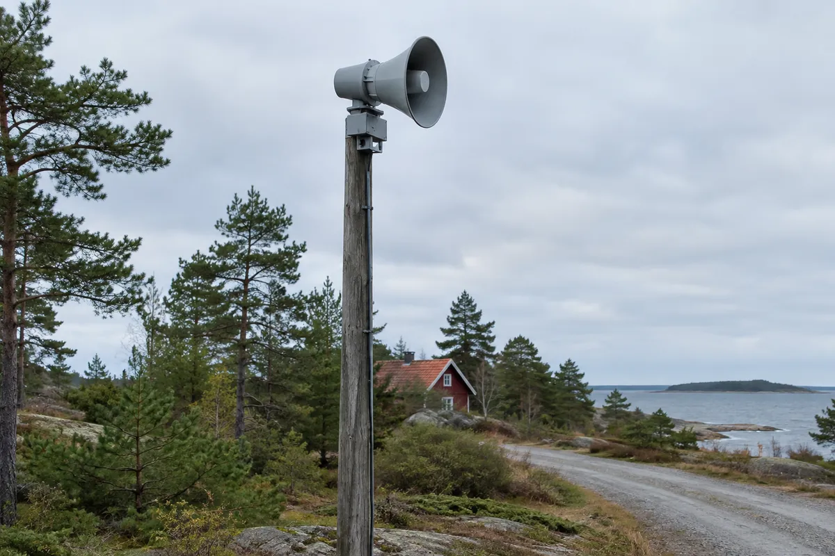 Ljudsändare för utomhuslarm monterad på en stolpe vid en grusväg i Uppland