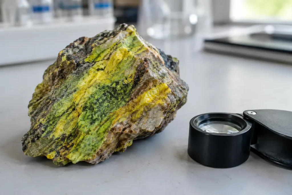 Uranmalm med gula och gröna mineralstråk på en laboratoriebänk