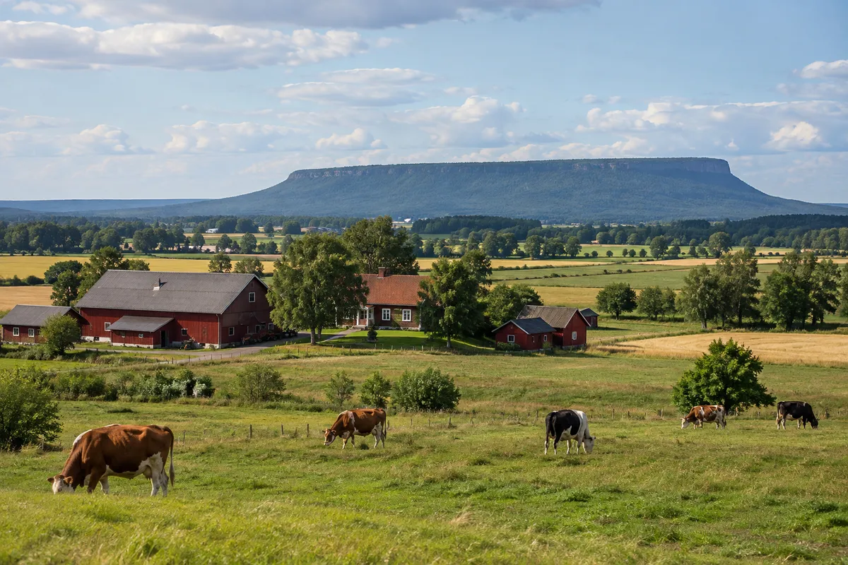 Åkrar och en gård på Västgötaslätten med ett platåberg i bakgrunden