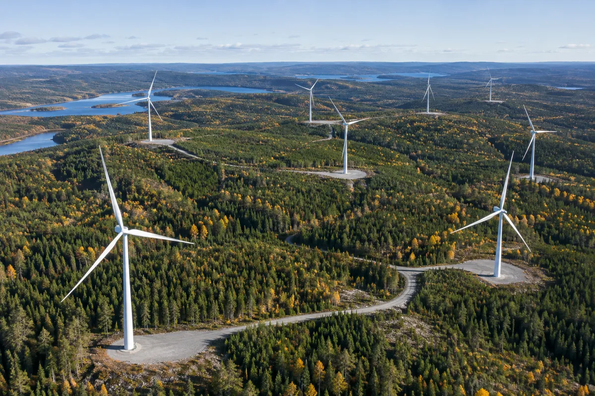 Flygbild över en vindkraftspark i svensk barrskog med grusvägar mellan verken